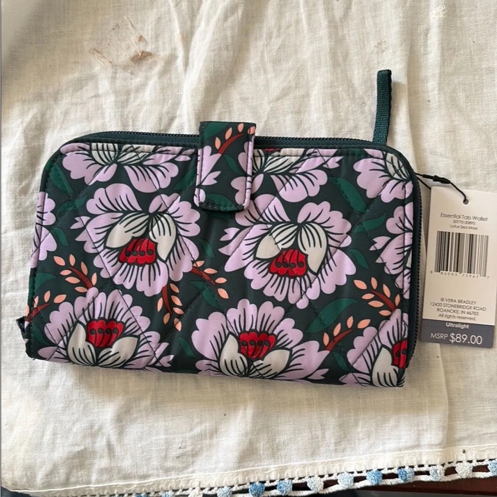 Vera Bradley Quilted Zip Wallet in Dark Green with Lavender Floral